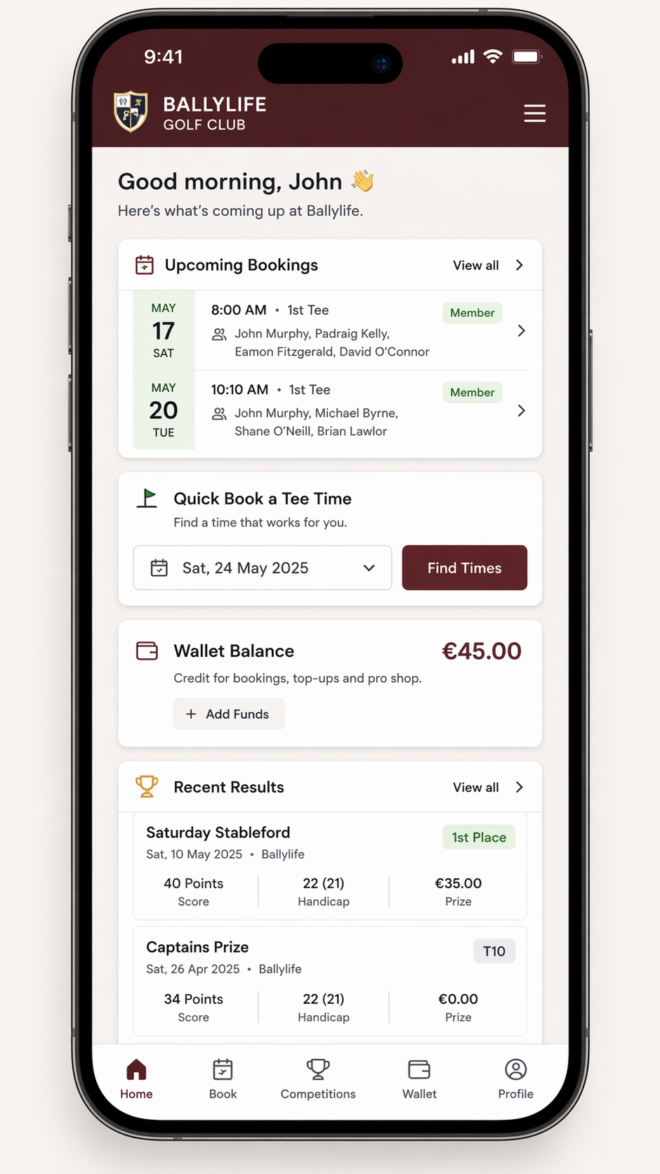 Member booking portal on mobile showing bookings and wallet balance