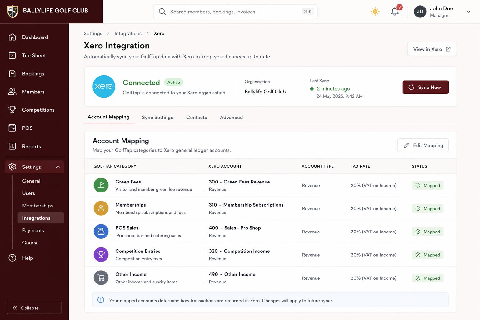 Xero integration settings showing account mappings and sync status